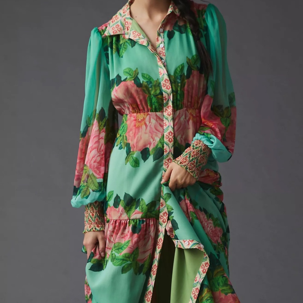 Anthropology Floral Green and Pink Maxi Dress